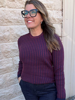 Ribbed Sweater Navy & Cabernet by Liverpool