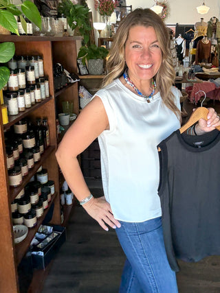 Sleeveless Woven to Knit Top Cream