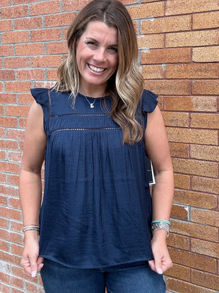 Flutter Sleeve Woven Top Dark Navy
