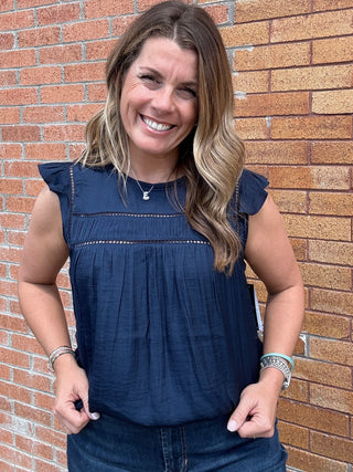 Flutter Sleeve Woven Top Dark Navy