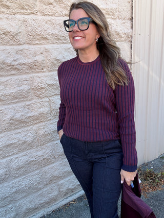 Ribbed Sweater Navy & Cabernet by Liverpool