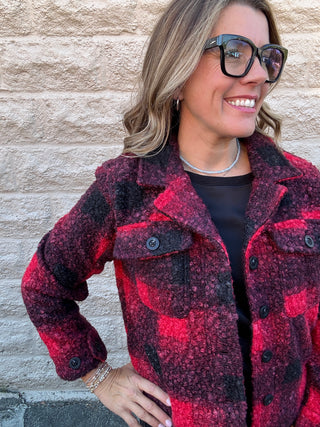 Button Front Boxy Shacket Red Check