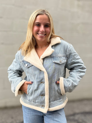 Metropolis Mid Wash Denim Jacket w/Faux Shearing Sadie & Sage