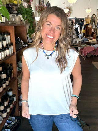 Sleeveless Woven to Knit Top Cream