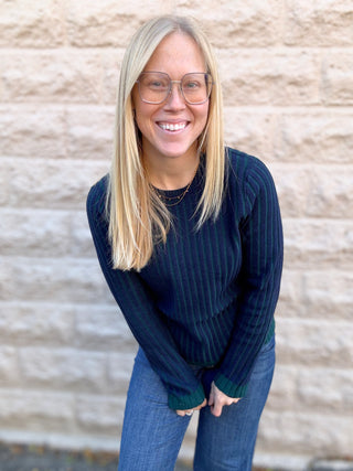 Ribbed Crewneck Sweater Navy & Emerald by Liverpool