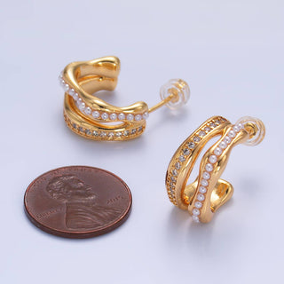 24K Gold Filled CZ Pearl Double Band C-Shaped Hoops