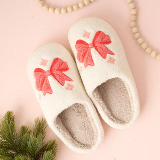 Fuzzy Holiday Bow Slippers