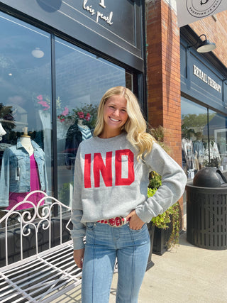 Red IND on Athletic Heather Fleece Crewneck