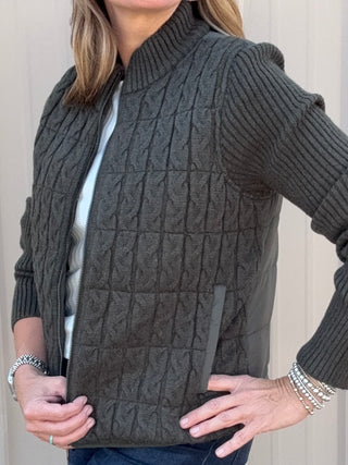 Long Slv Zip Front Quilted Sweater Jacket - Heather Olive