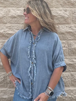 Frayed Trim Denim Button Top