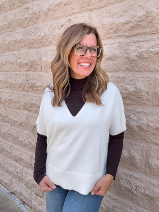 Short Sleeve Vneck Dolman Popover Sweater- Whipped Cream