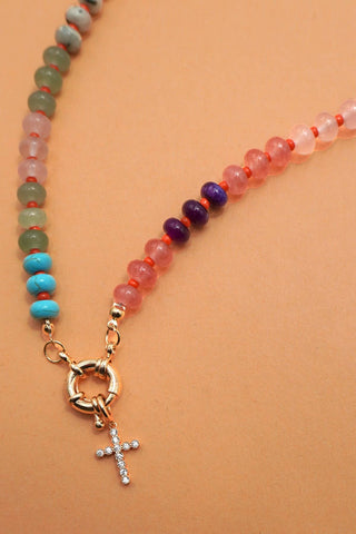 NATURAL STONE CHARM  SPRING CLASP BEADED NECKLACE