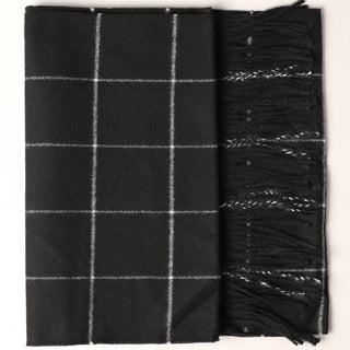 Cashmere Feel Plaid Pattern Scarf - Fringed Edges: SW-27 BLACK / ONE SIZE