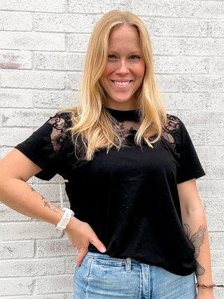 Black Tee with Lace Trim by Dex