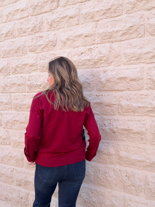 Long Sleeve Drape Neck Woven Sweater Hybrid - Cranberry by Liverpool
