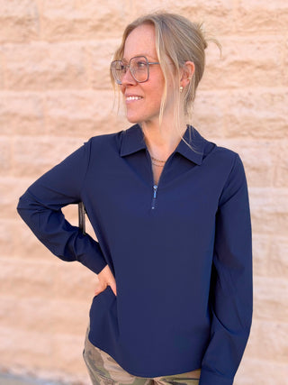 Collared Zip Front Knit Shirt by Liverpool Navy