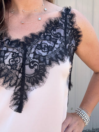 Sleeveless Woven Top W/ Lace Blush Pink