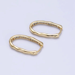 14K Gold Filled Oblong Hammered Geometric Micro Paved Hoop Earrings | AB266
