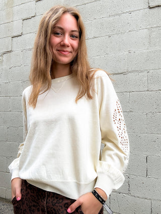 Ecru Embroidered Sleeve Crewneck by Dex