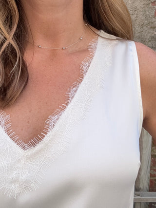 V-neck Woven Tank W/ Lace Trim - Whipped Cream