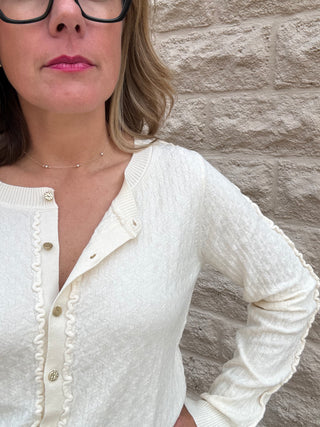 Long Sleeve Button Front Cardigan Sweater w/ Ruffles - Cream
