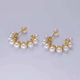 14K Gold Filled Pearl Dotted Lined C-Shaped Hoop Earrings | AE179