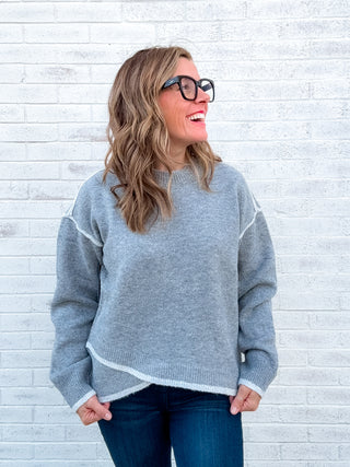 Long Sleeve Crewneck Sweater with Cream Tulip Hem - Light Heather Grey with Cream by Liverpool