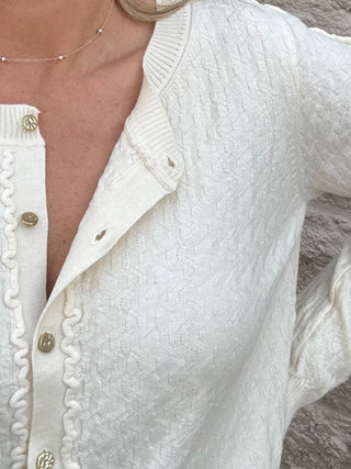Long Sleeve Button Front Cardigan Sweater w/ Ruffles - Cream