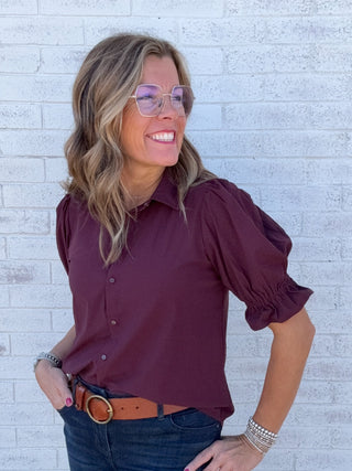 Elbow Puff Sleeve Snap Front Knit Shirt Dark Oxblood by Liverpool