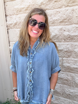 Frayed Trim Denim Button Top
