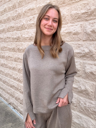 Long Sleeve Boat Neck Top - Heathered Taupe