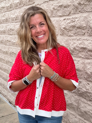 Relaxed Fit Polka Dot Button Front Top Red