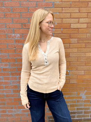 Washed Thermal Henley Top Sand