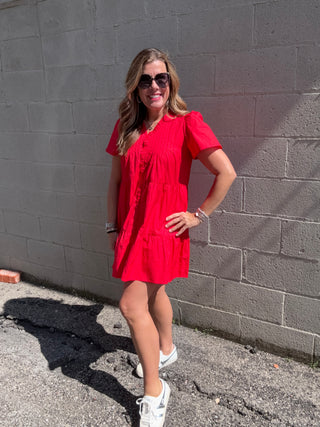 Red Pleated Detail Ruffle Dress