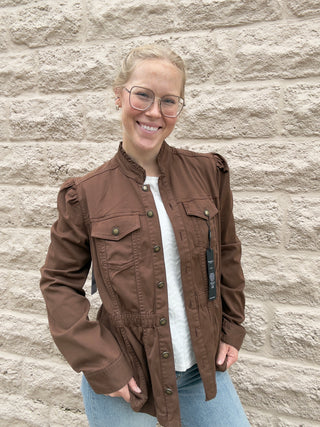 Puff Sleeve Trucker Jacket W Ruffle Collar - Carob Brown