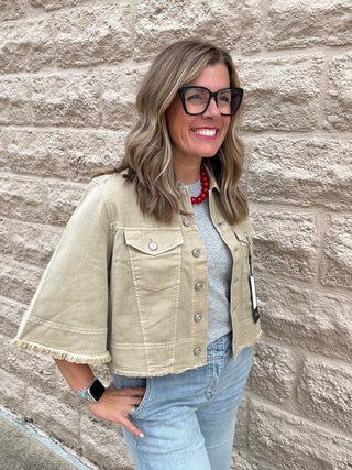 3/4 Sleeve Frayed Flounce Jacket - Light Khaki