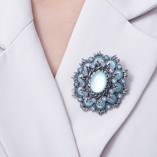 Vintage Antique Silver Flower Brooch Aqua Blue Turquoise Crystal Pin | BH-002