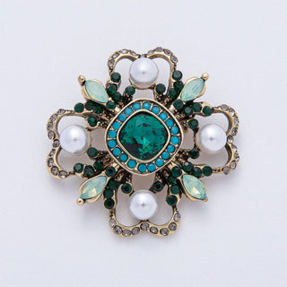 Vintage Antique Gold Black, Green Rhinestone Flower Blue Black Gray Crystal Brooch Pin | BH-00006 BH-00007