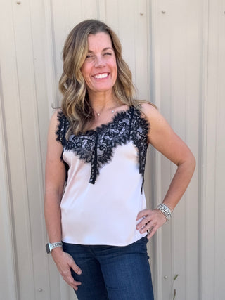 Sleeveless Woven Top W/ Lace Blush Pink
