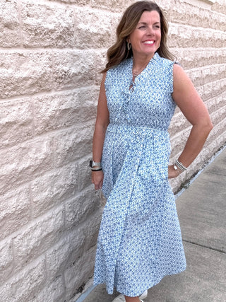 Navy Print Ruched Midi Dress