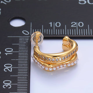 24K Gold Filled CZ Pearl Double Band C-Shaped Hoops