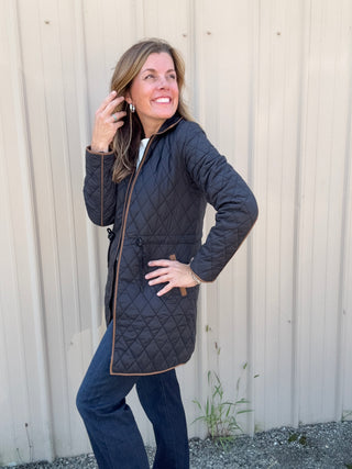 Zip Front Quilted Jacket W/ Cinched Waist - Black by Liverpool