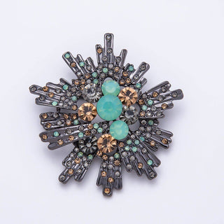Vintage Black Gunmetal 53mm Mint Green Champagne Rhinestone Sunburst Geometric Pin Brooch | BH-00189