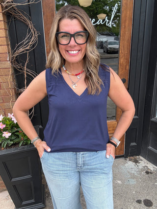 Smocked Sleeveless Navy