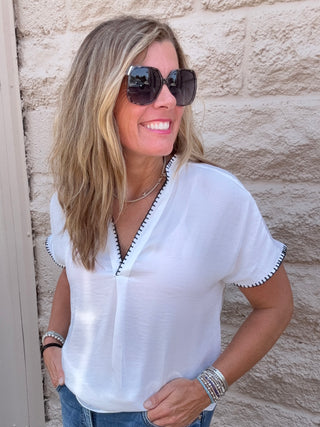 Whipstitch Drop Shoulder Top Soft White
