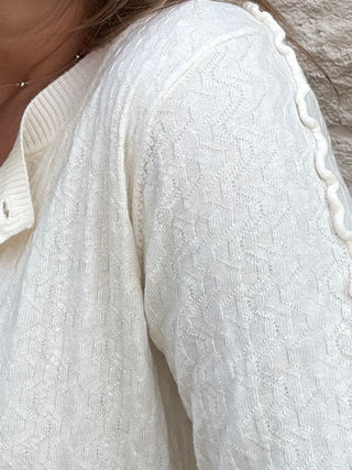 Long Sleeve Button Front Cardigan Sweater w/ Ruffles - Cream