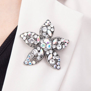 Vintage Silver 60mm Multi Cut Clear Iridescent Rhinestone Cluster Flower Pin Brooch | BH-00192