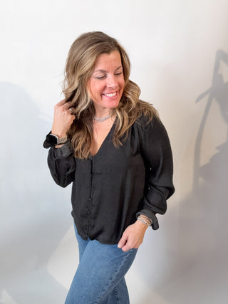 Longsleeve Button Front Top in Black by Liverpool