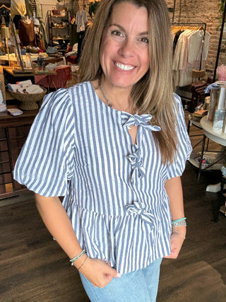 1/3 Open Tie Front Striped Puff Sleeve Blouse Top