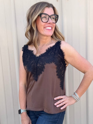 Sleeveless Woven Top W/ Lace Espresso
